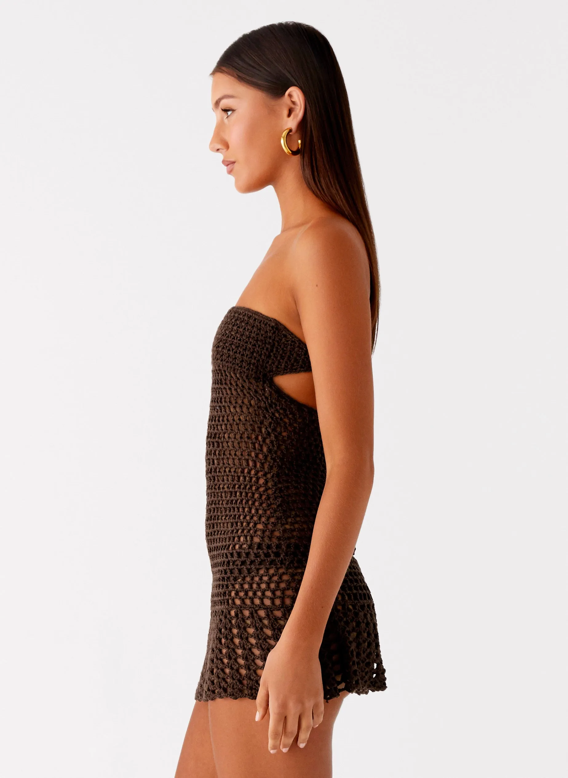 Kaiane Strapless Crochet Mini Dress - Chocolate sold by Peppermayo product image thumbnail 3
