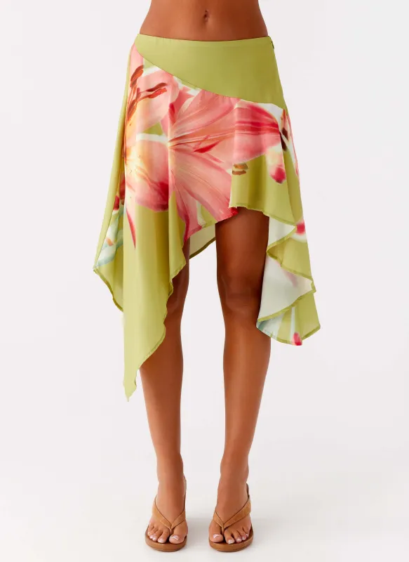Kia Low Rise Asymmetrical Midi Skirt - Jungle Floral sold by Peppermayo
