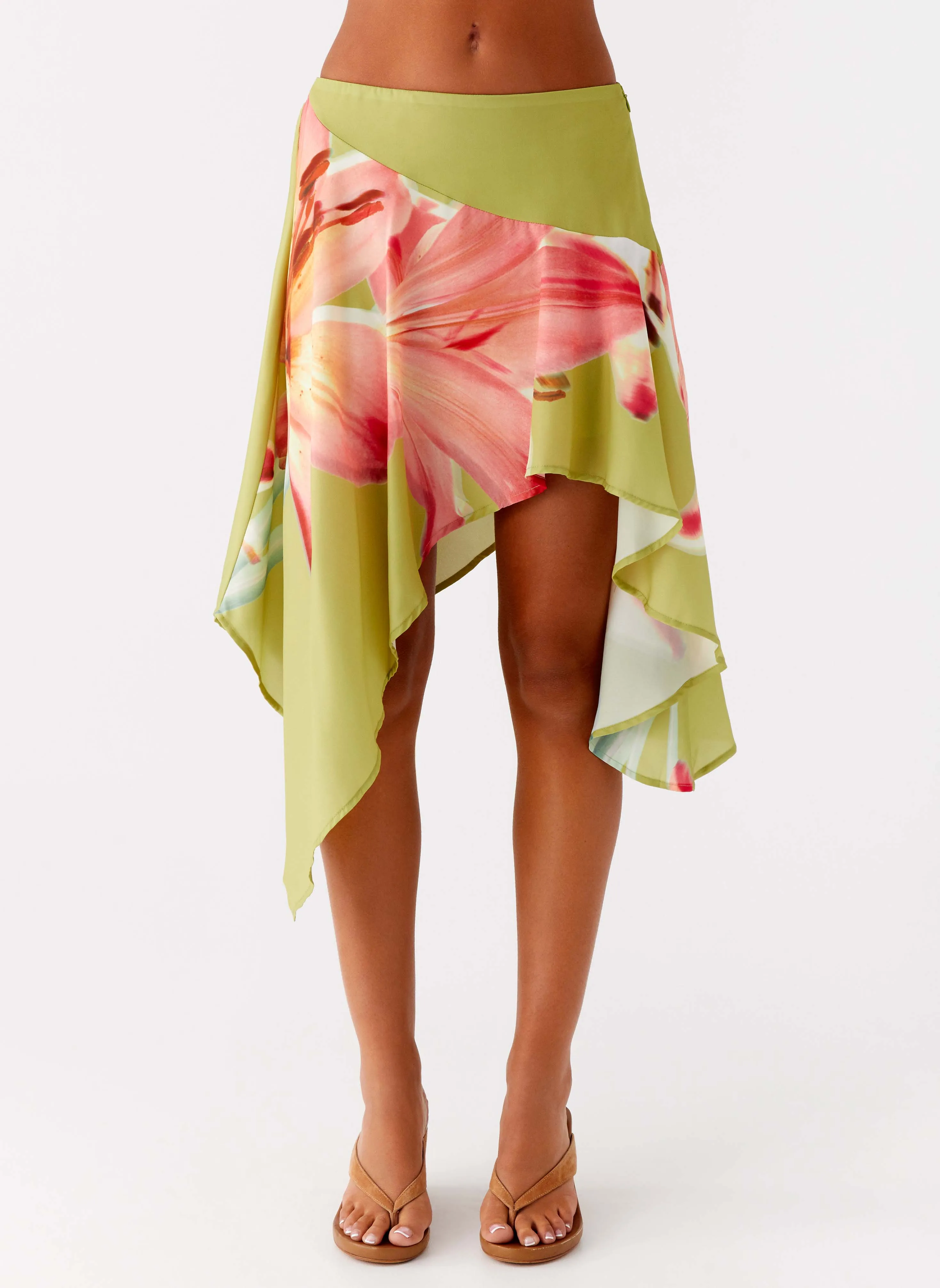 Kia Low Rise Asymmetrical Midi Skirt - Jungle Floral sold by Peppermayo
