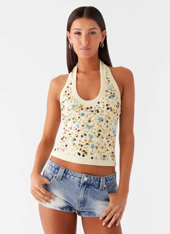 Eye Contact Sequin Halter Top - Yellow sold by Peppermayo