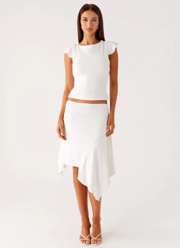 Maxina Asymmetrical Midi Skirt - White sold by Peppermayo