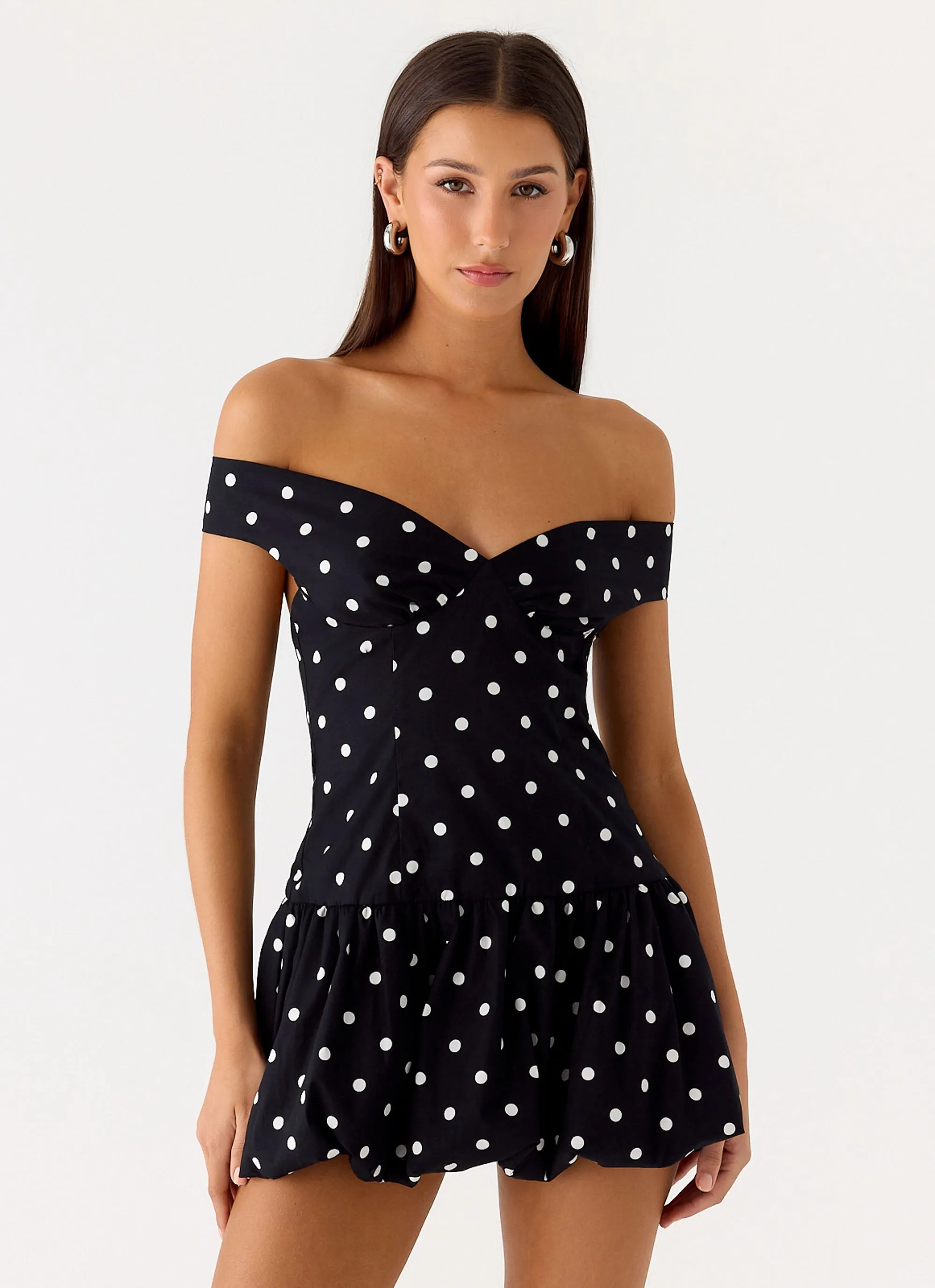 Endless Romance Off Shoulder Mini Dress - Black Polkadot sold by Peppermayo product image thumbnail 4