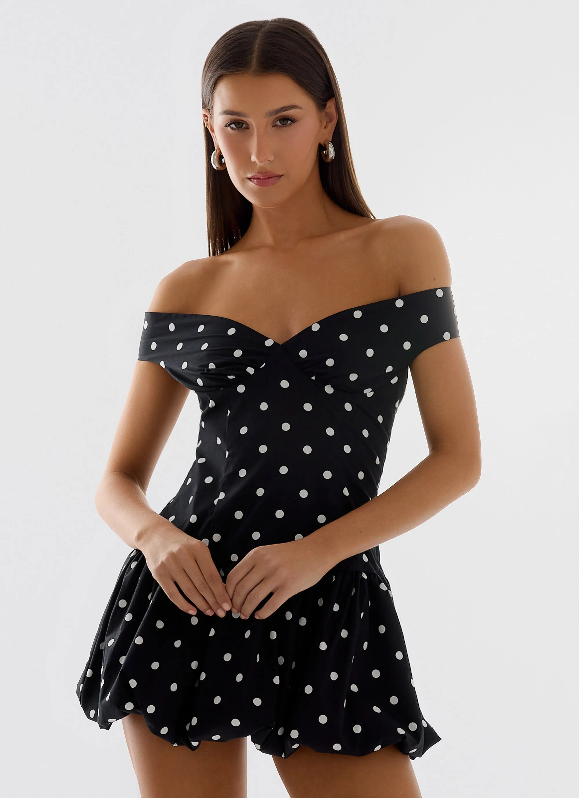 Endless Romance Off Shoulder Mini Dress - Black Polkadot sold by Peppermayo product image thumbnail 5