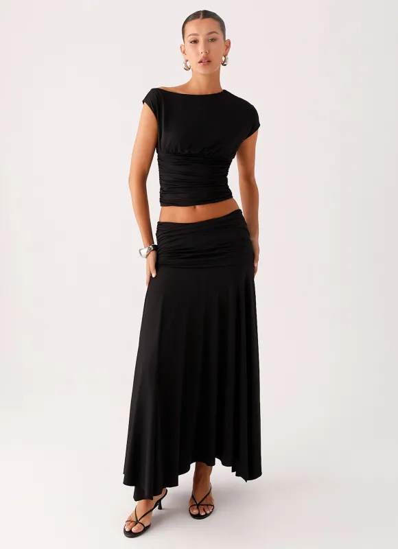 Liana Ruched Maxi Skirt - Black sold by Peppermayo