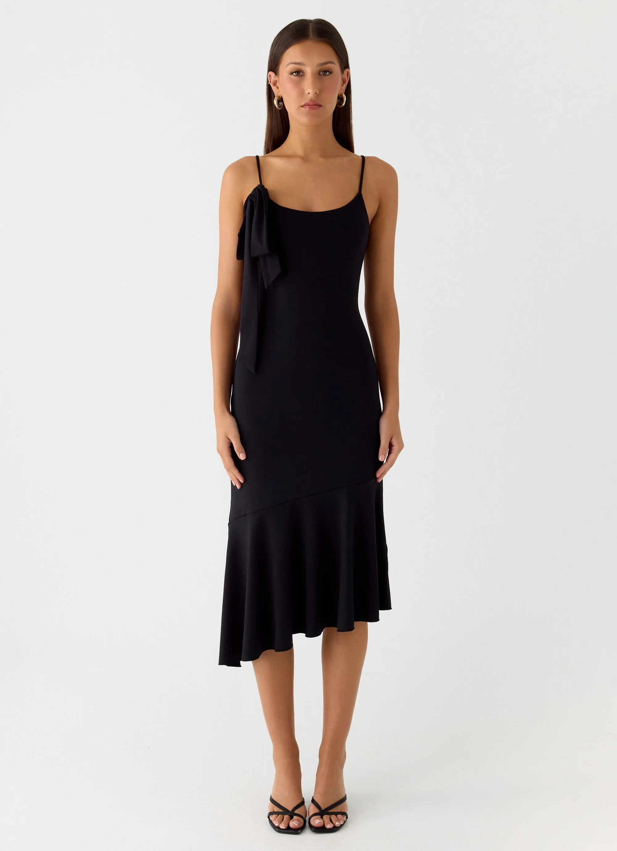 Tranquility Asymmetric Midi Dress - Black sold by Peppermayo