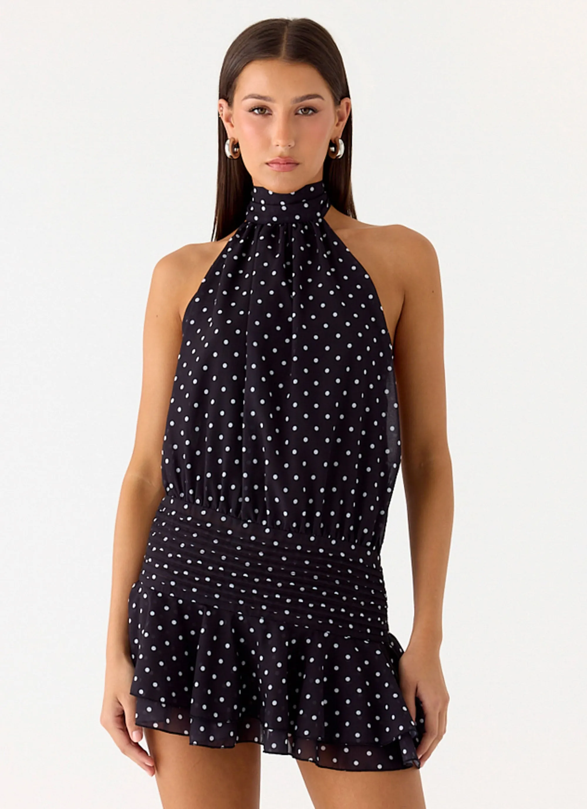 Willow Chiffon Mini Dress - Black Polkadot sold by Peppermayo