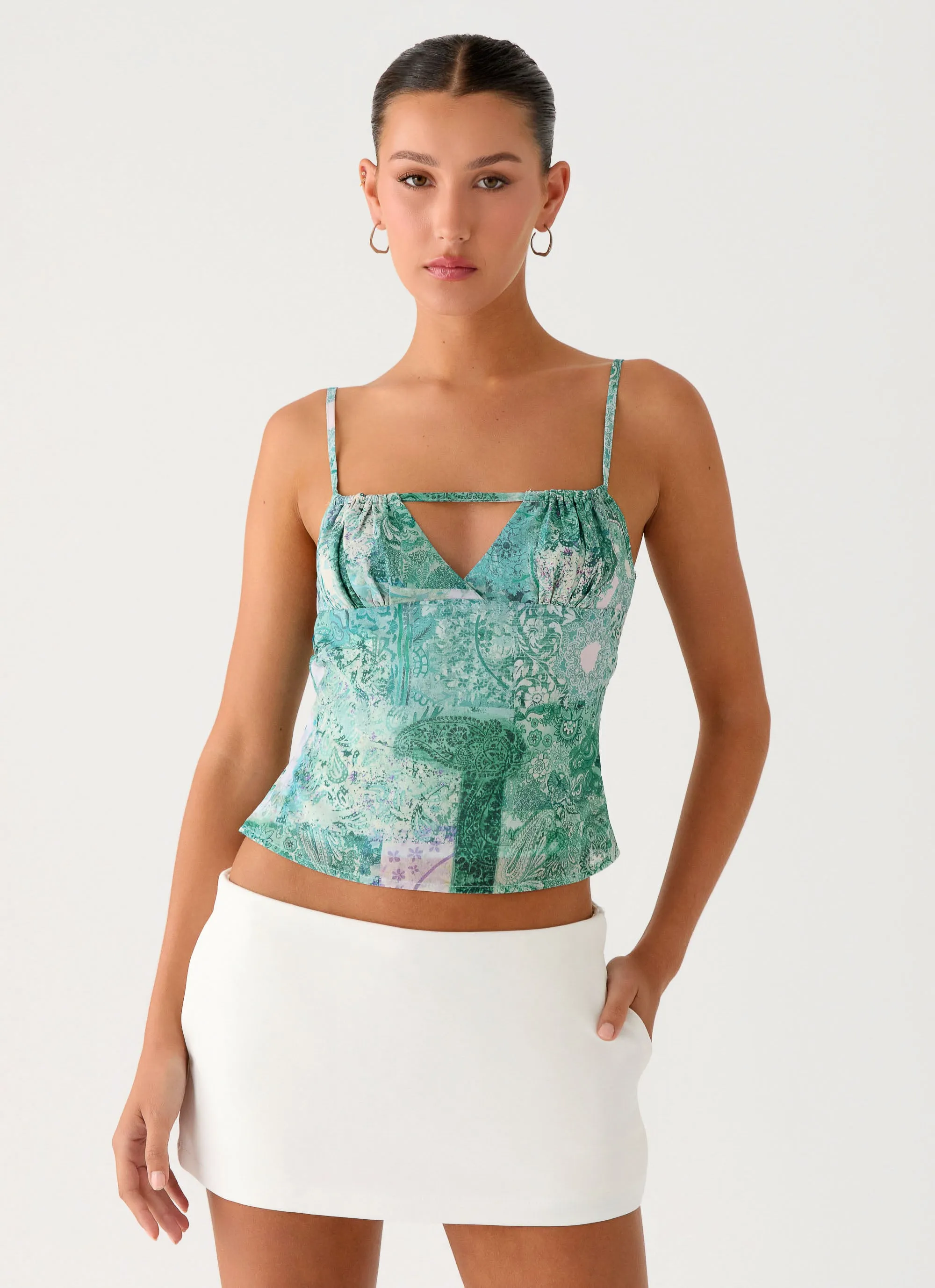 Nalini Ruched Neckline Top - Green Paisley sold by Peppermayo