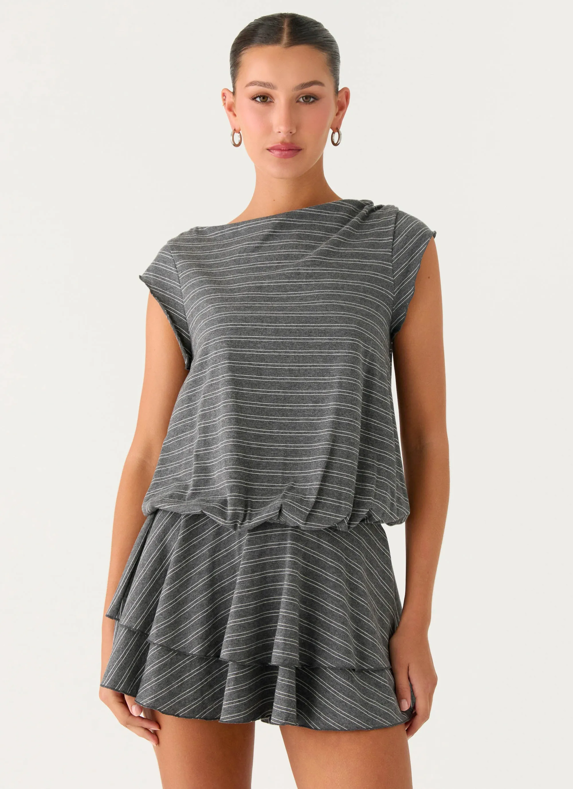 Bambola Wide Neck Mini Dress - Grey Marle Stripe sold by Peppermayo