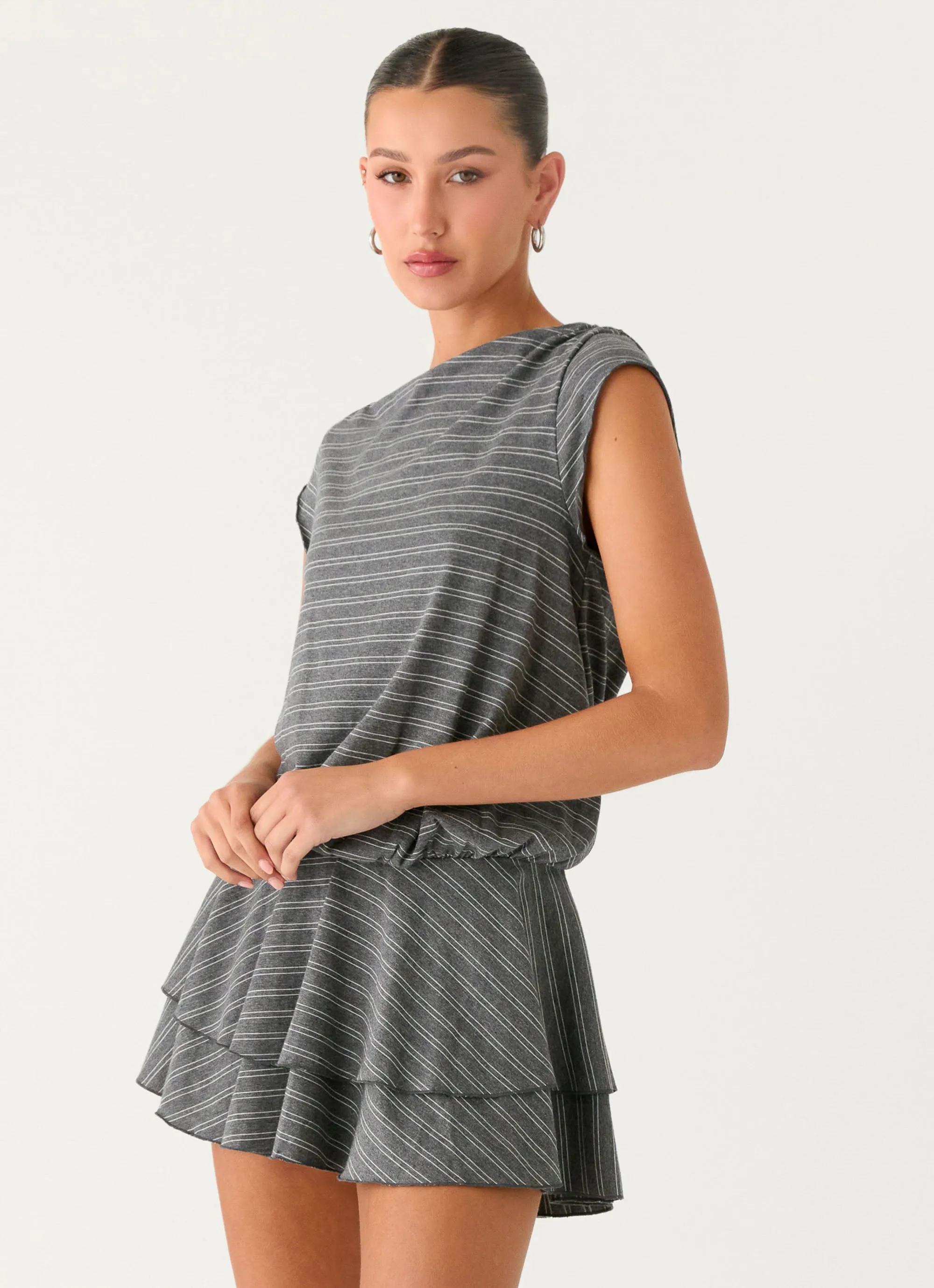 Bambola Wide Neck Mini Dress - Grey Marle Stripe sold by Peppermayo product image thumbnail 5
