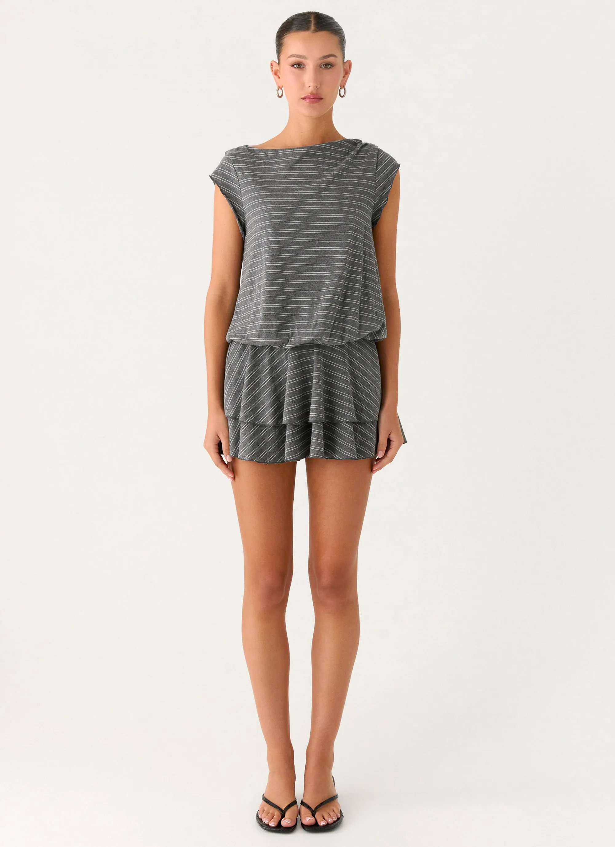 Bambola Wide Neck Mini Dress - Grey Marle Stripe sold by Peppermayo product image thumbnail 2
