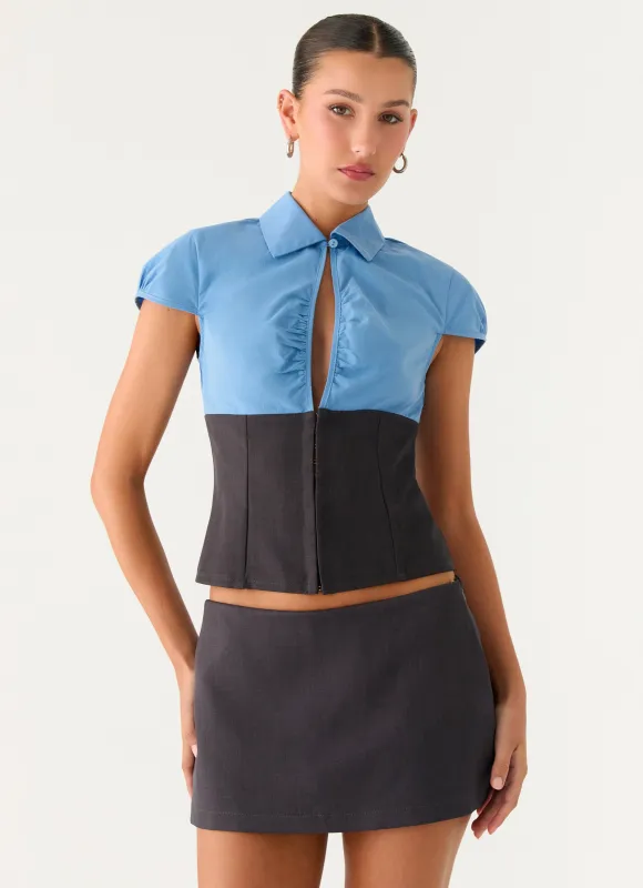 Harlee Poplin Suiting Top - Charcoal sold by Peppermayo