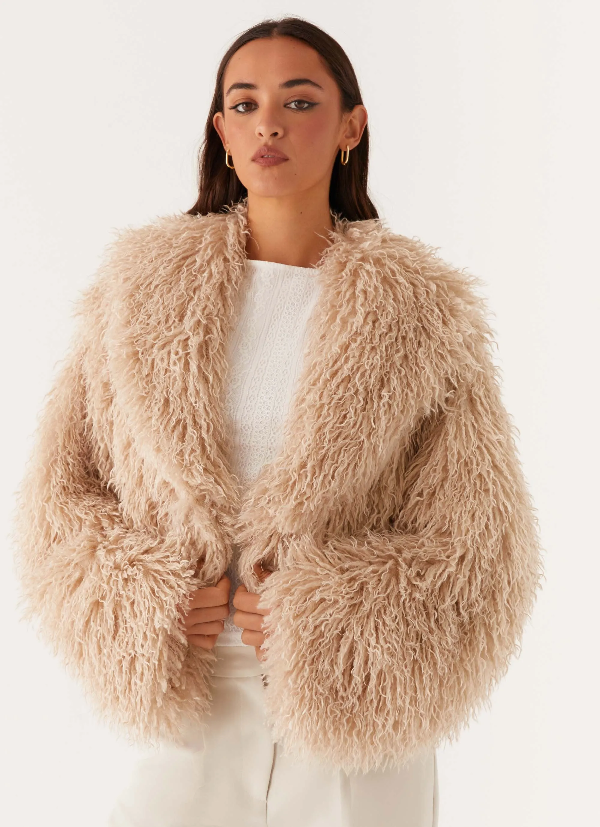Virginia Cropped Faux Fur Jacket - Taupe sold by Peppermayo