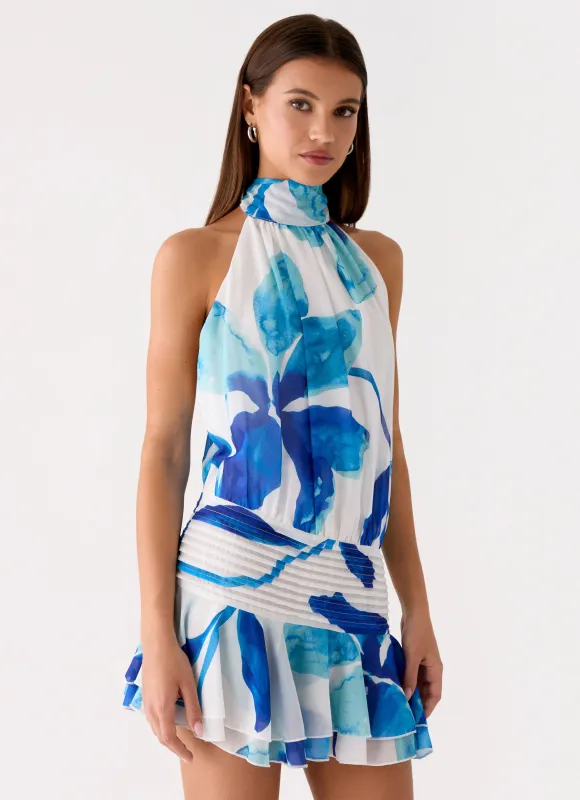 Willow Chiffon Mini Dress - Cerulean Bloom sold by Peppermayo