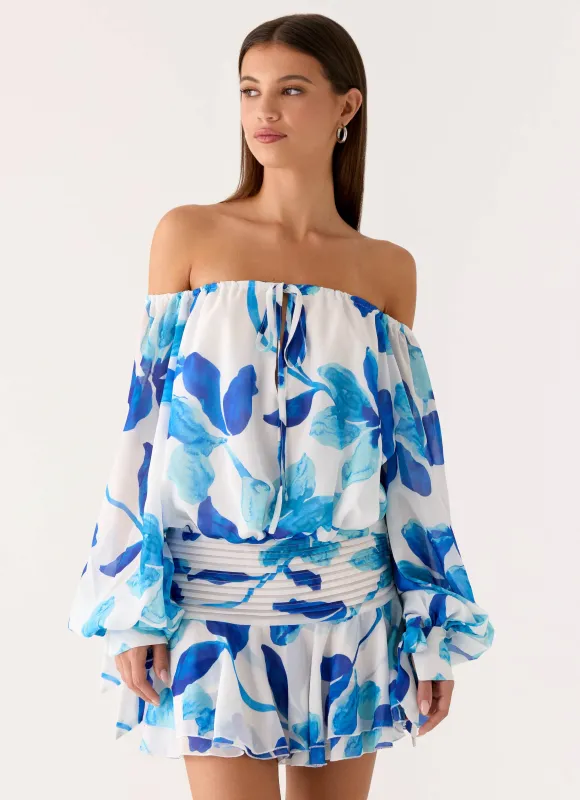 Eira Balloon Sleeve Mini Dress - Cerulean Bloom sold by Peppermayo