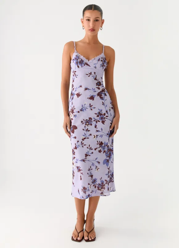 Bluma Lace Trim Midi Dress - Antique Lilac Floral made by Peppermayo