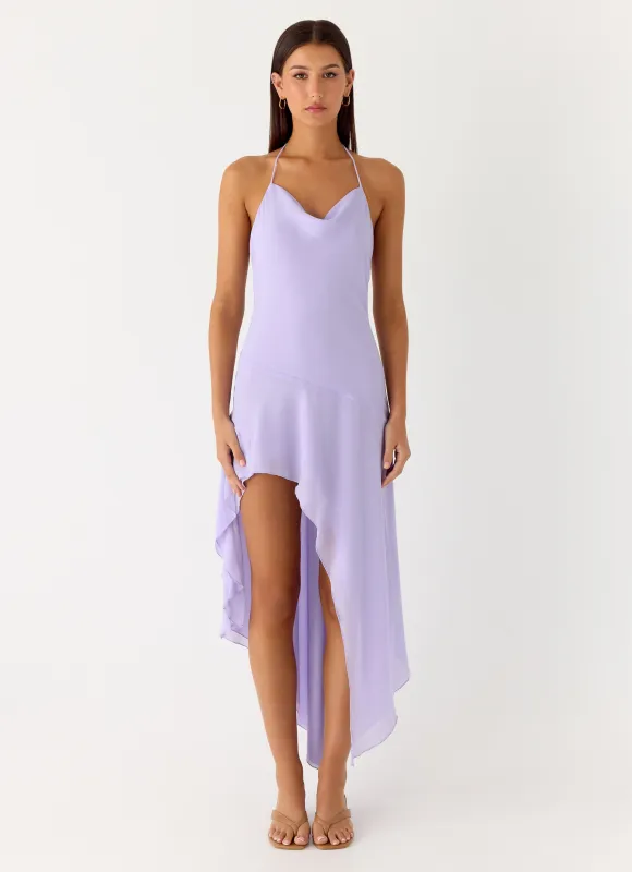 Sunmi Asymmetric Cowl Midi Dress - Lavender made by Peppermayo