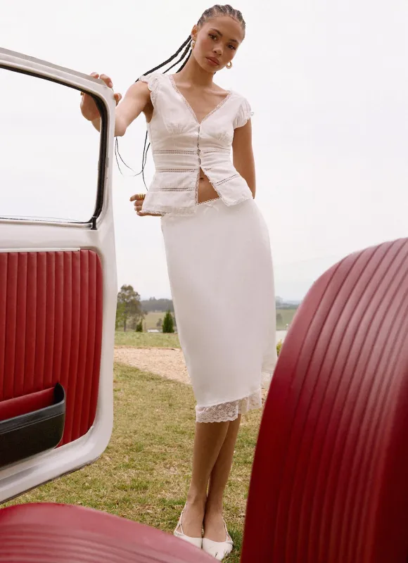 Rina Low Rise Satin Midi Skirt - White sold by Peppermayo