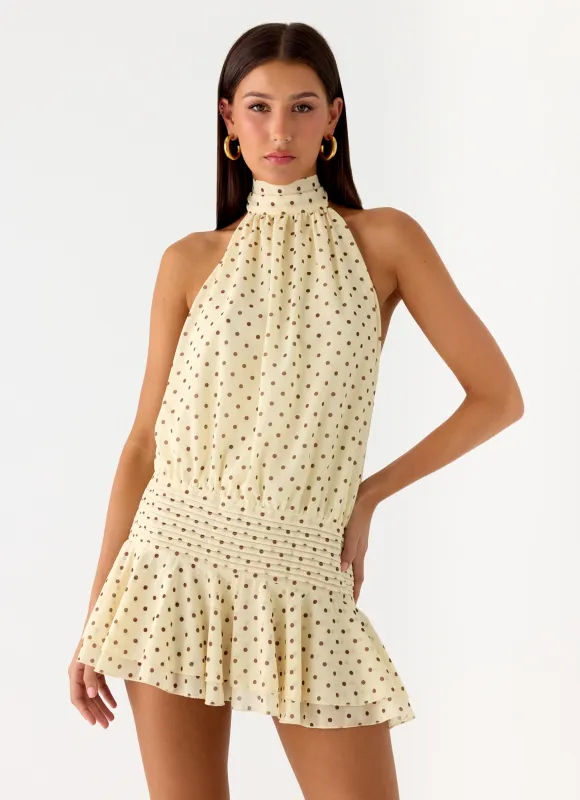 Willow Chiffon Mini Dress - Yellow Polkadot sold by Peppermayo