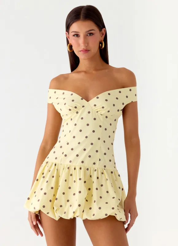 Endless Romance Off Shoulder Mini Dress - Yellow Polkadot sold by Peppermayo