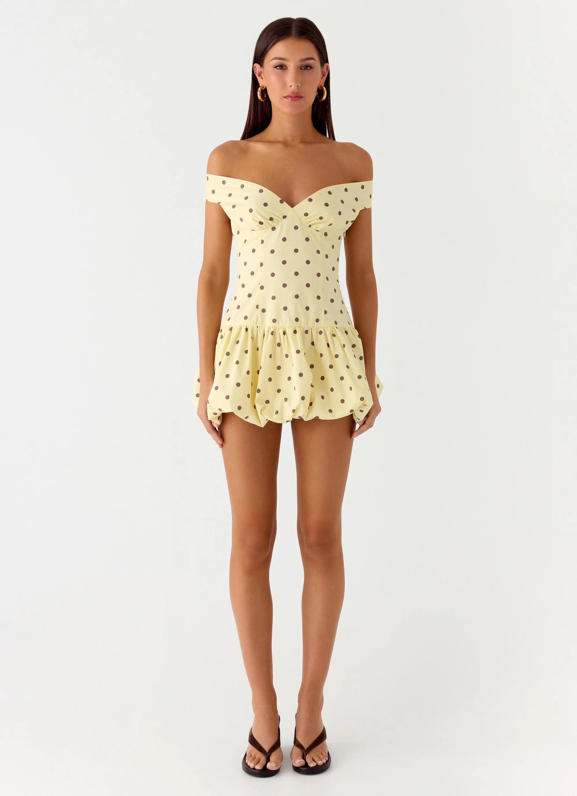 Endless Romance Off Shoulder Mini Dress - Yellow Polkadot sold by Peppermayo product image thumbnail 4