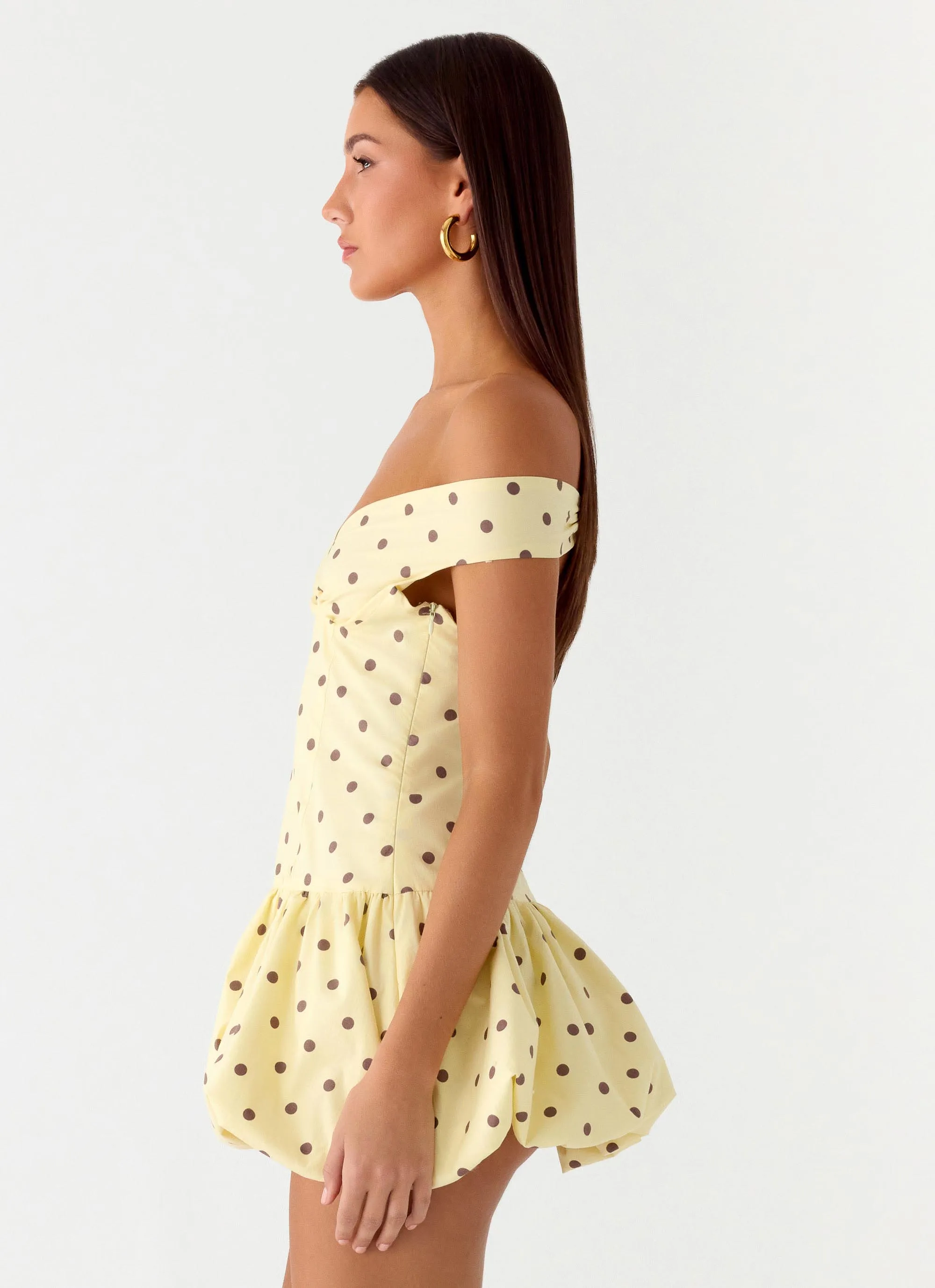 Endless Romance Off Shoulder Mini Dress - Yellow Polkadot sold by Peppermayo product image thumbnail 2