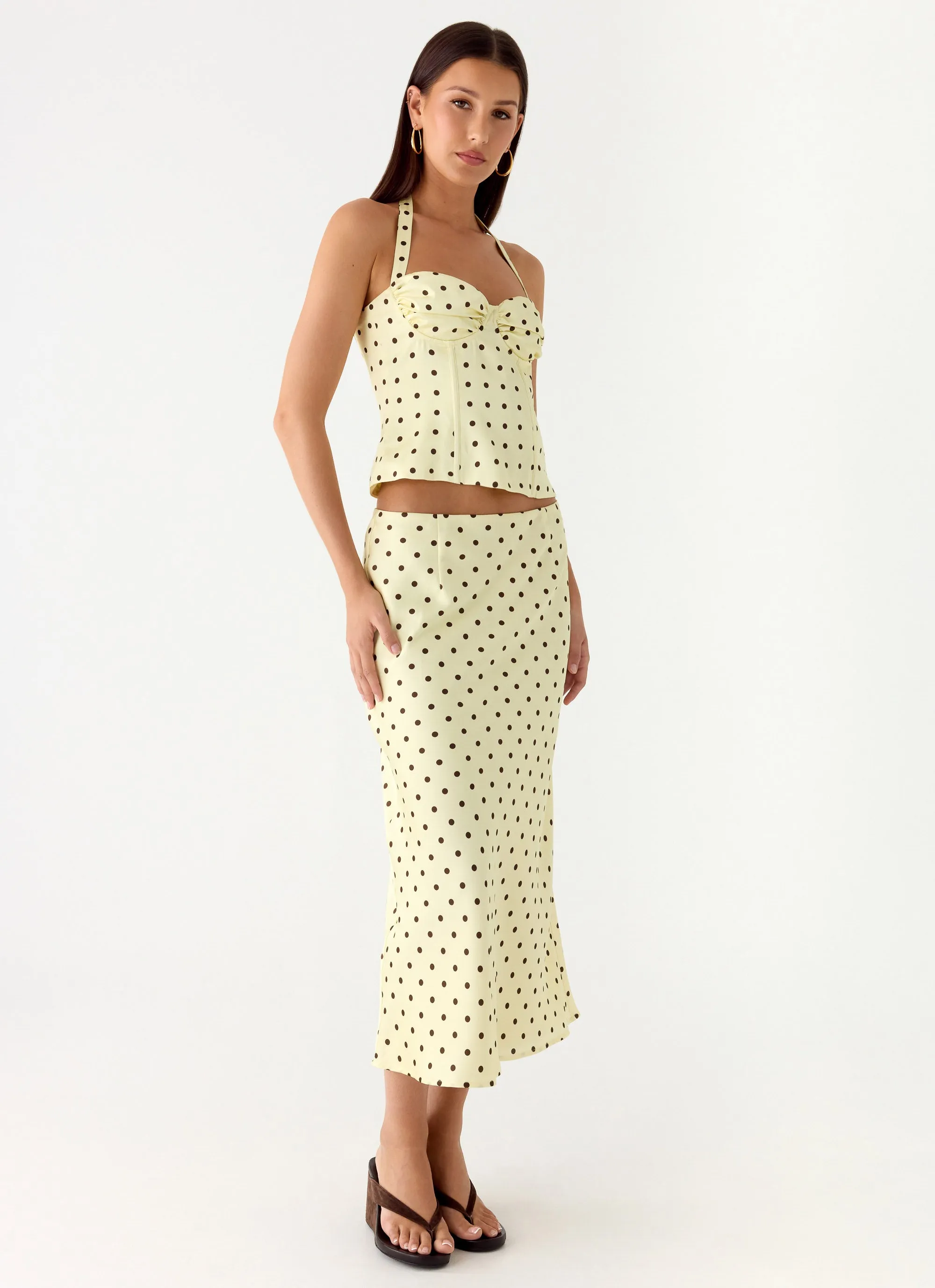Breanne Midi Skirt - Yellow Polka Dot sold by Peppermayo