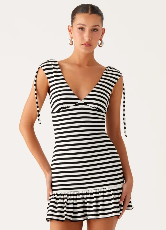 Acacia Mini Dress - Black White Stripe sold by Peppermayo