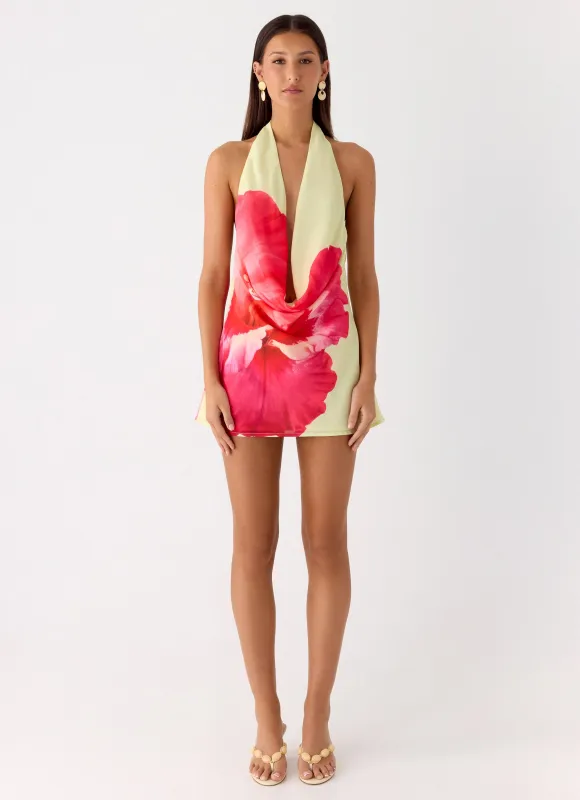 Varindra Cowl Mini Dress - Yellow Floral Spritz sold by Peppermayo