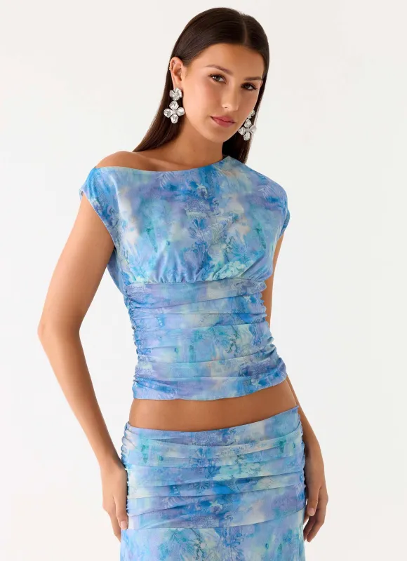 Liana Asymmetrical Top - Aqua Paisley sold by Peppermayo
