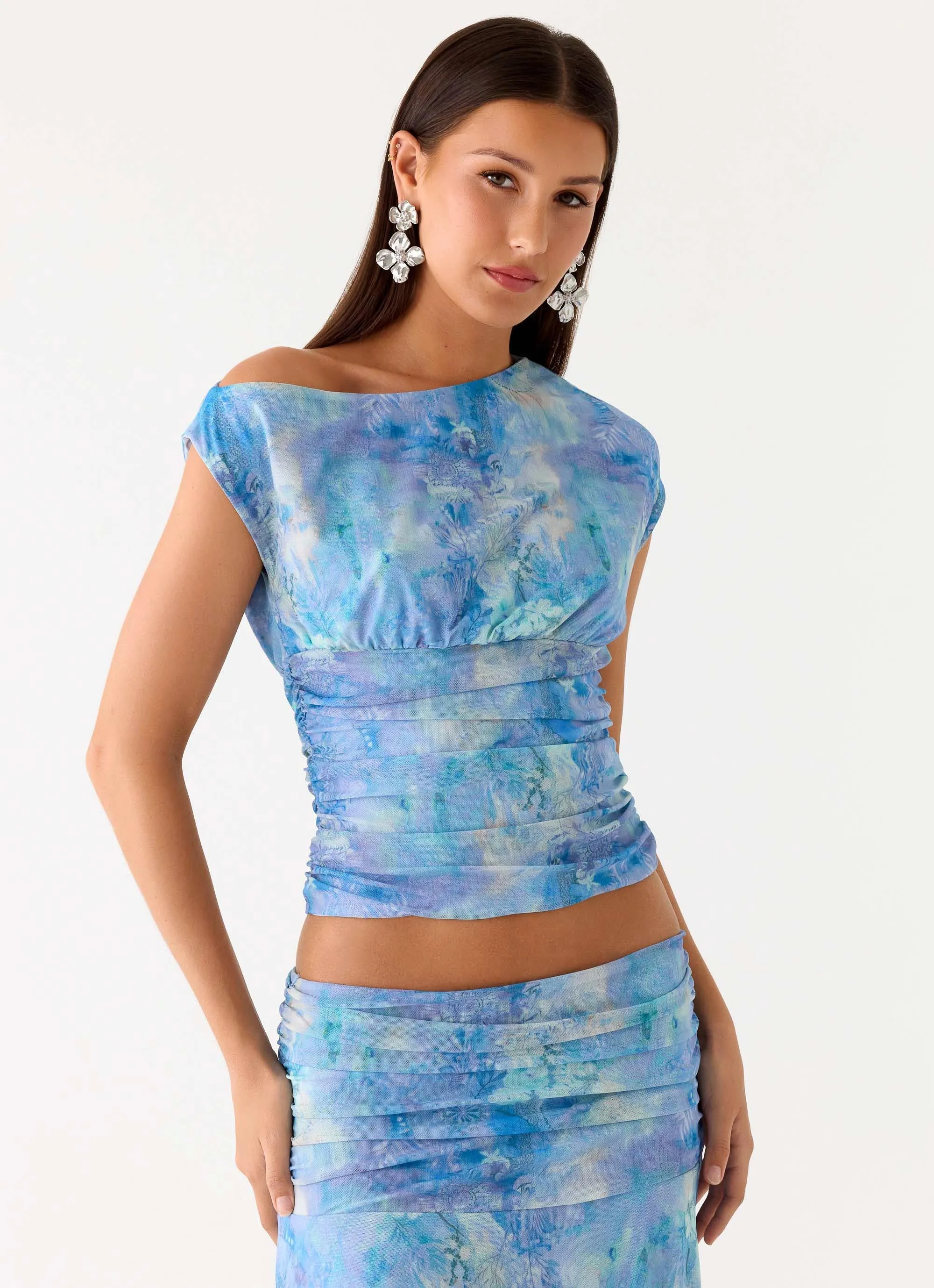 Liana Asymmetrical Top - Aqua Paisley sold by Peppermayo