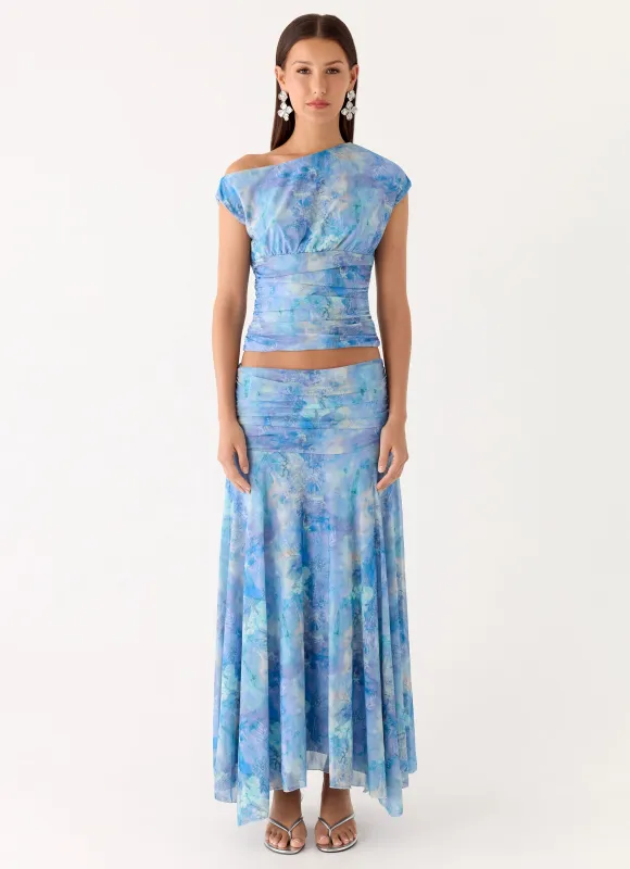 Liana Ruched Maxi Skirt - Aqua Paisley sold by Peppermayo
