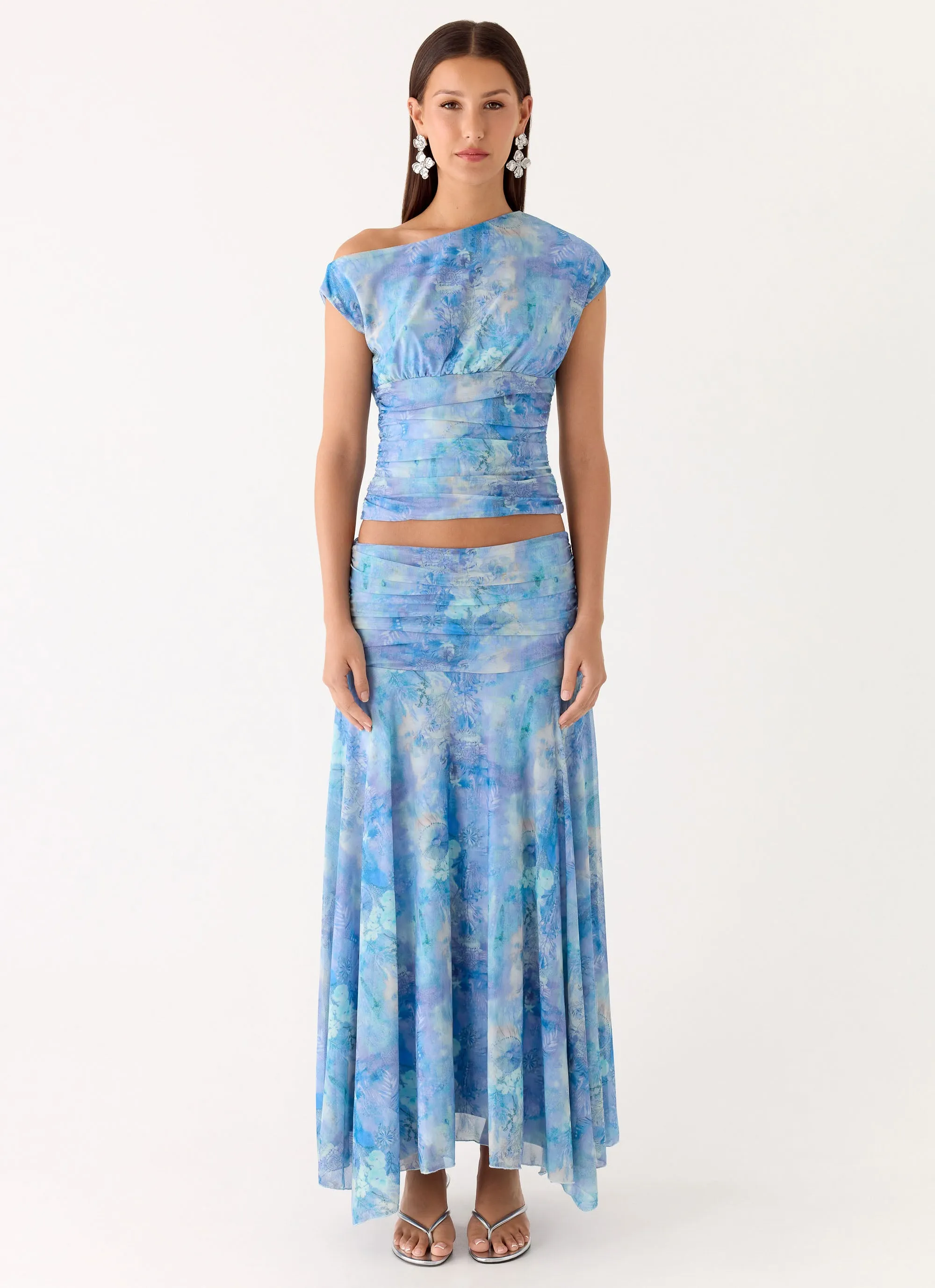 Liana Ruched Maxi Skirt - Aqua Paisley sold by Peppermayo