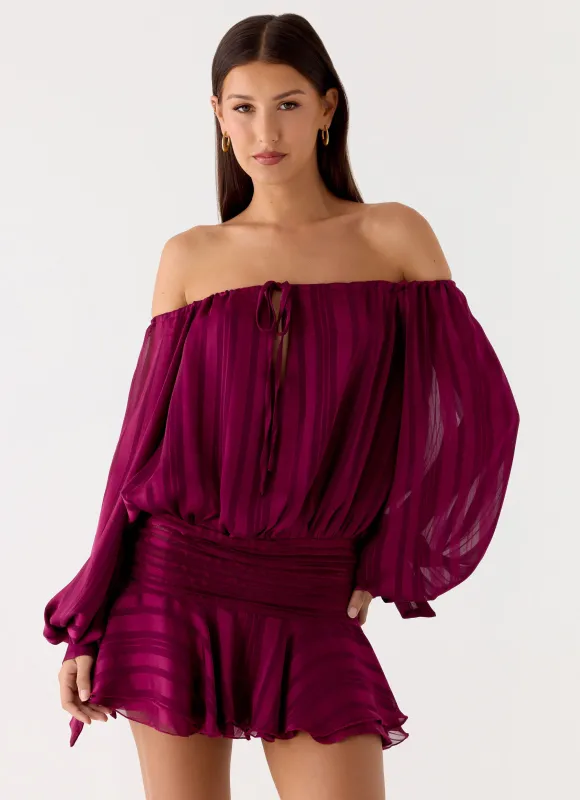 Eira Balloon Sleeve Mini Dress - Plum sold by Peppermayo