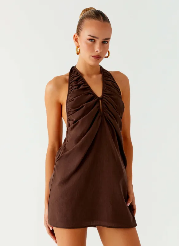 Jepsen Cotton Halter Mini Dress - Chocolate sold by Peppermayo