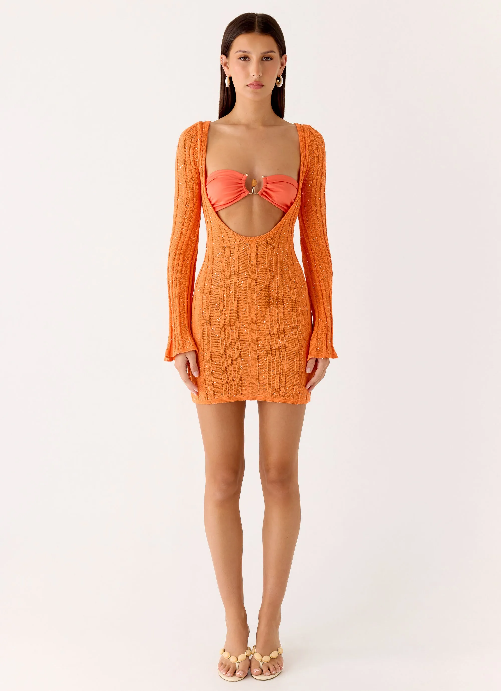 Estrella Long Sleeve Knit Mini Dress - Orange sold by Peppermayo
