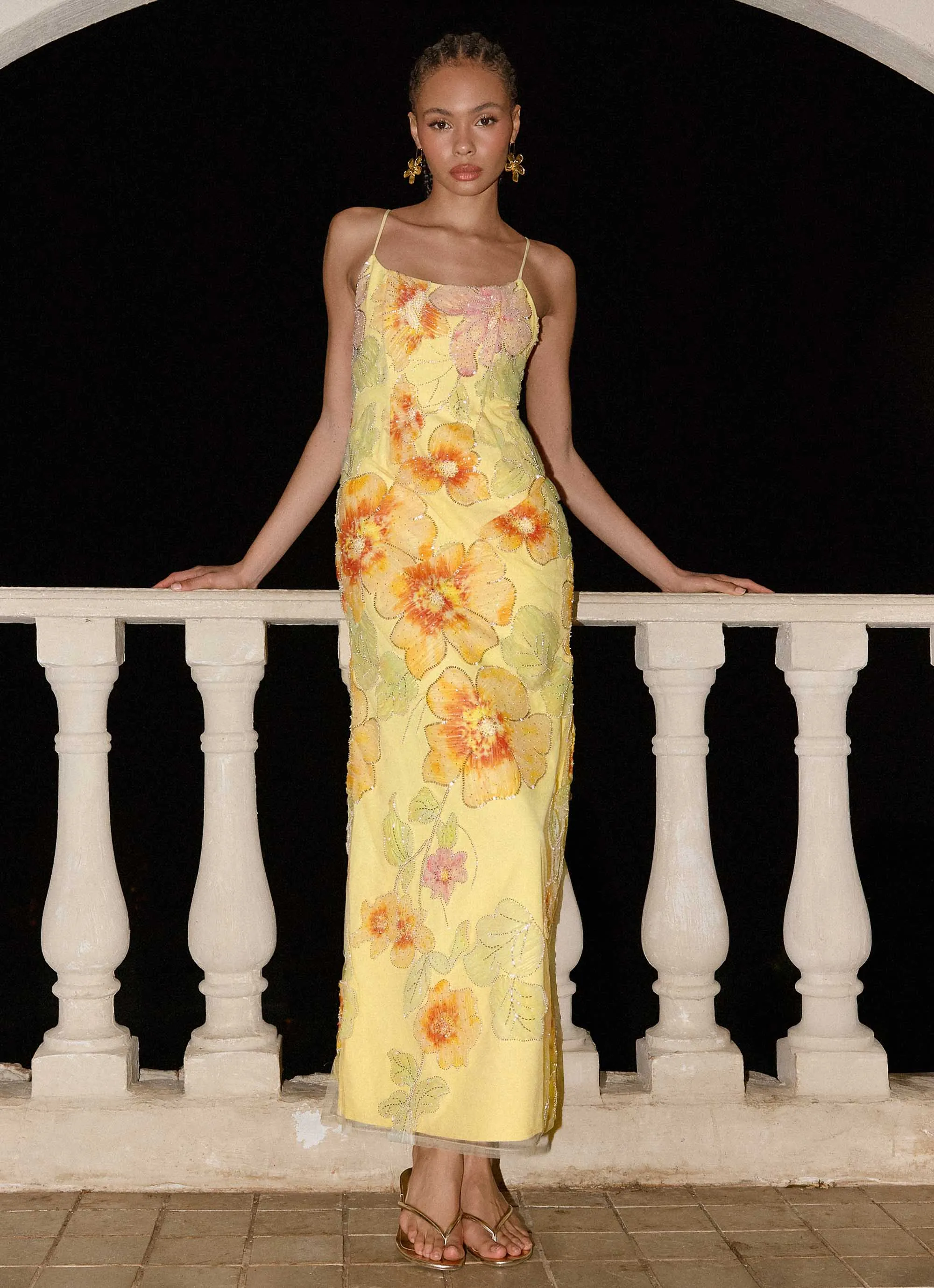 Morning Light Beaded Maxi Dress - Yellow Floral Beaded sold by Peppermayo product image thumbnail 4