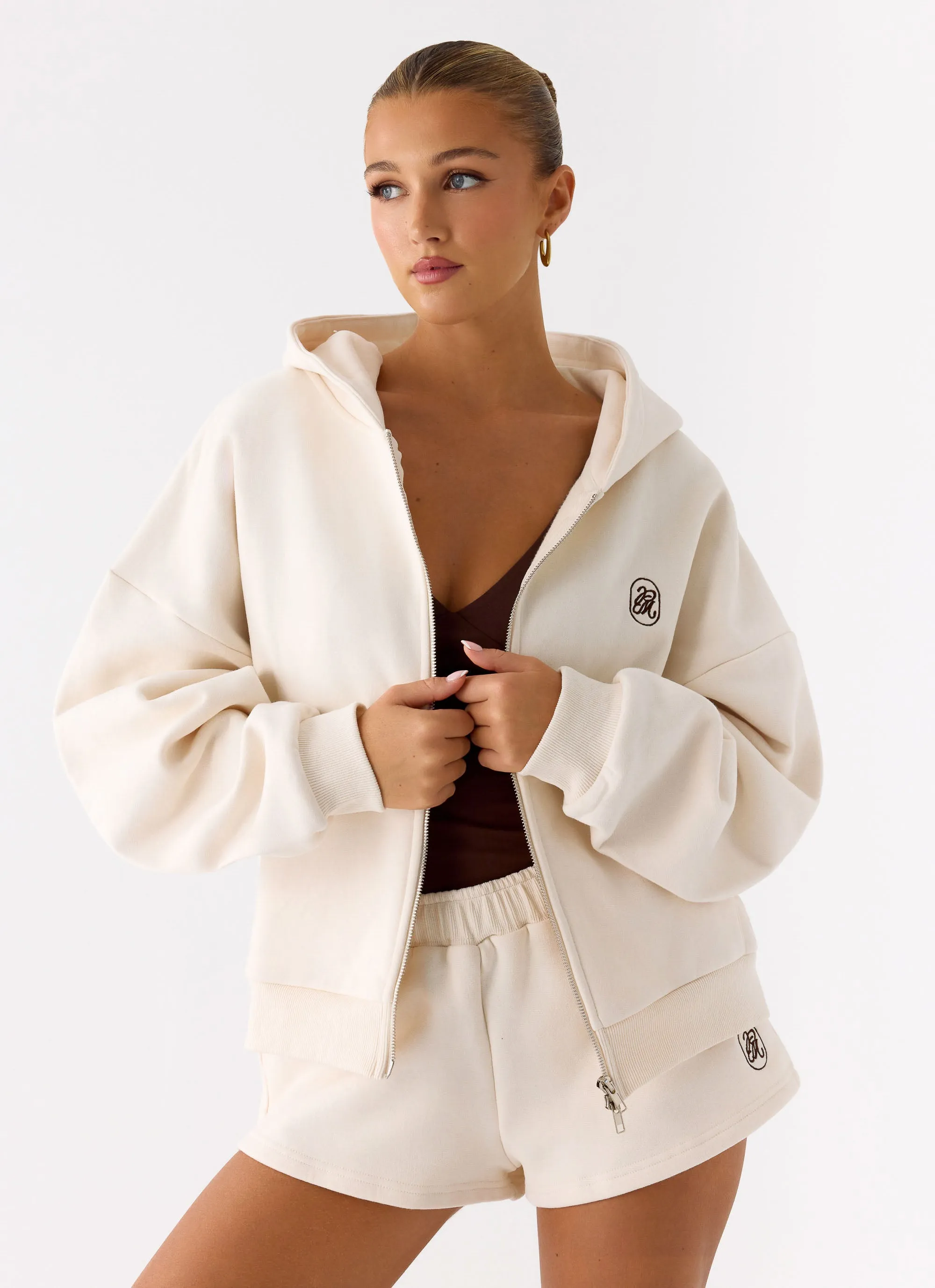 Signature Double Zip Up Hoodie - Cream sold by Peppermayo