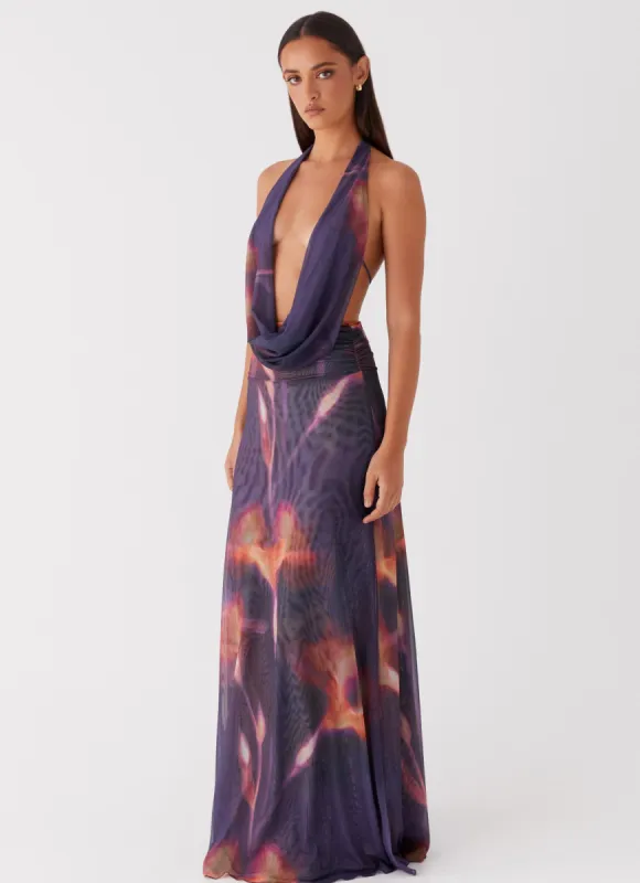 Elysia Mesh Maxi Dress - Midnight Bloom sold by Peppermayo