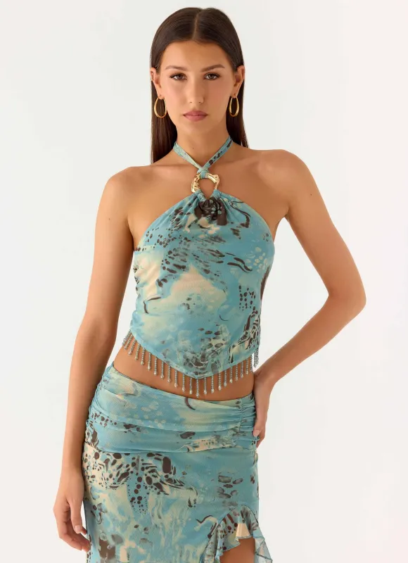 Lloyd Beaded Halter Top - Aqua Blur sold by Peppermayo