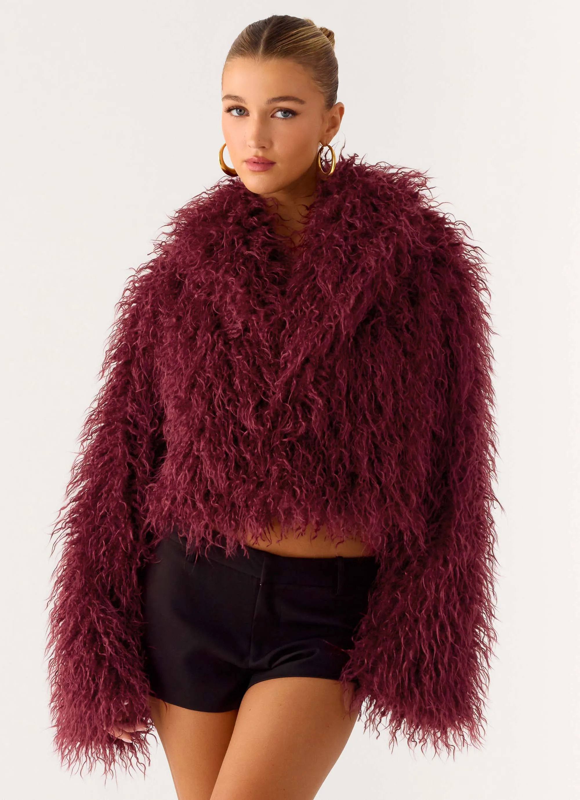 Virginia Cropped Faux Fur Jacket - Maroon sold by Peppermayo product image thumbnail 5
