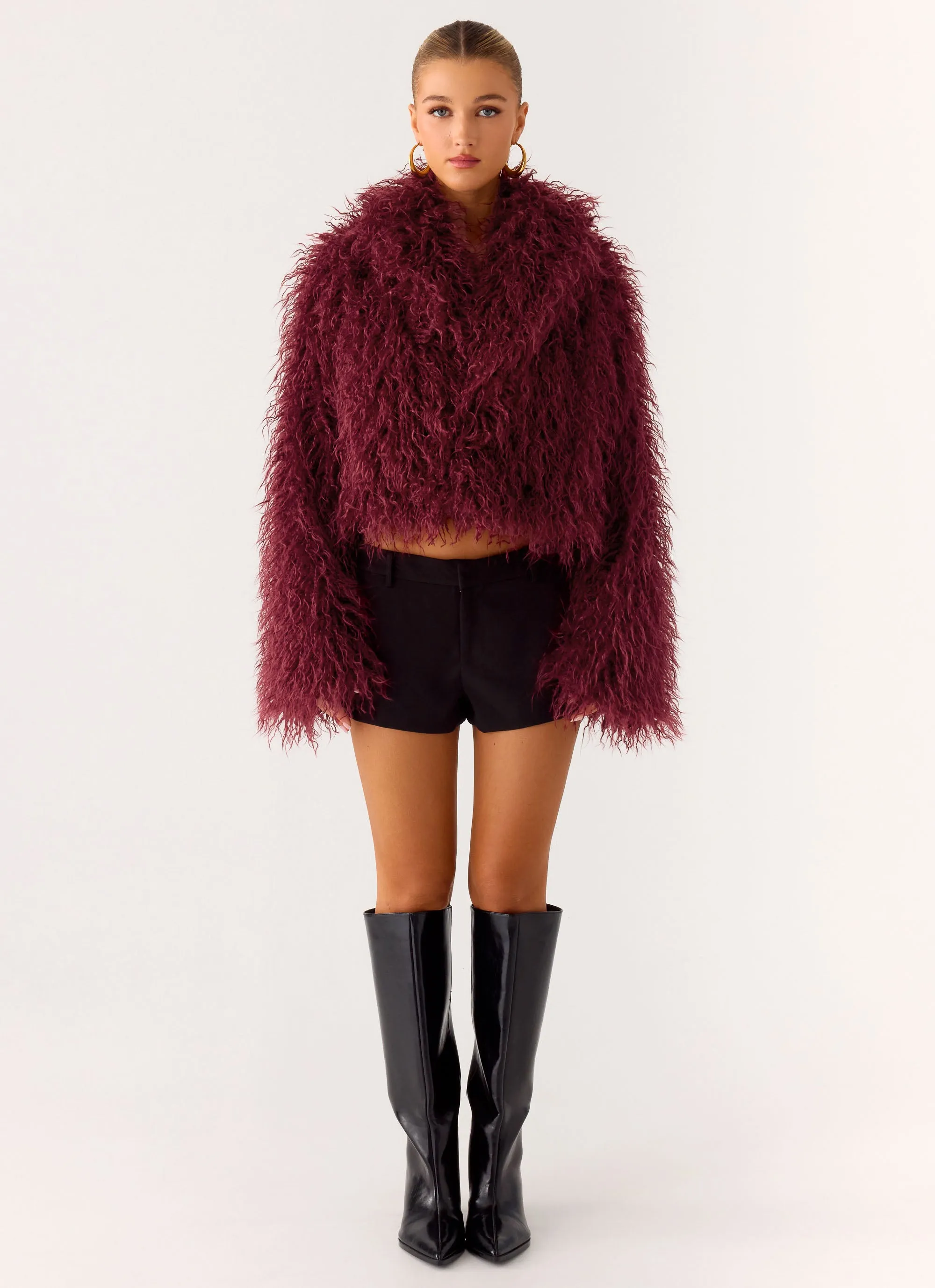 Virginia Cropped Faux Fur Jacket - Maroon sold by Peppermayo product image thumbnail 2