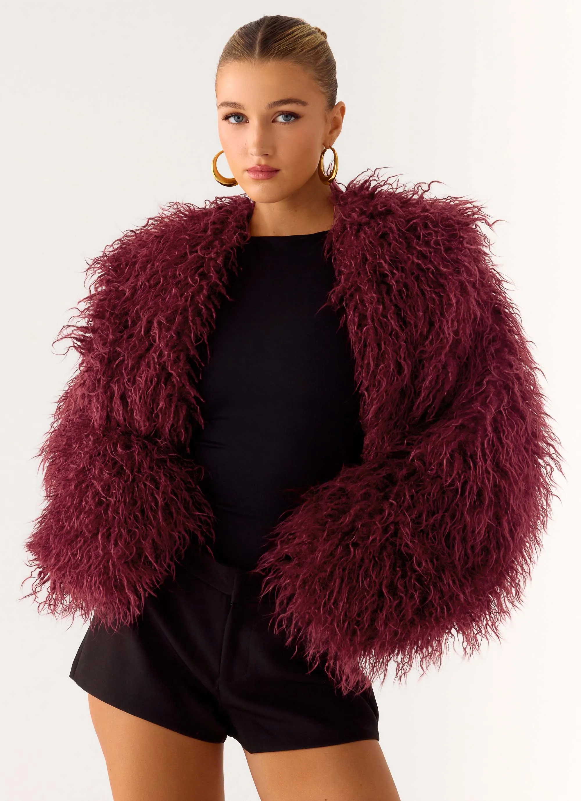 Virginia Cropped Faux Fur Jacket - Maroon sold by Peppermayo