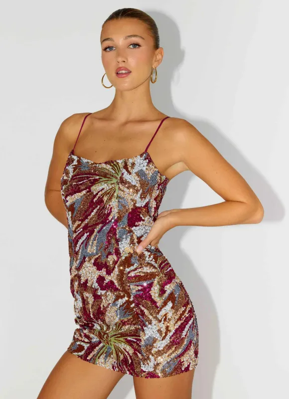 Soul Sound Sequin Mini Dress - Fuchsia Floral Beaded sold by Peppermayo