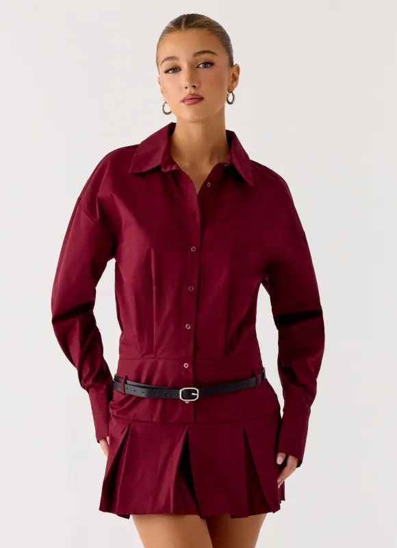 Rio Pleated Shirt Mini Dress - Maroon made by Peppermayo
