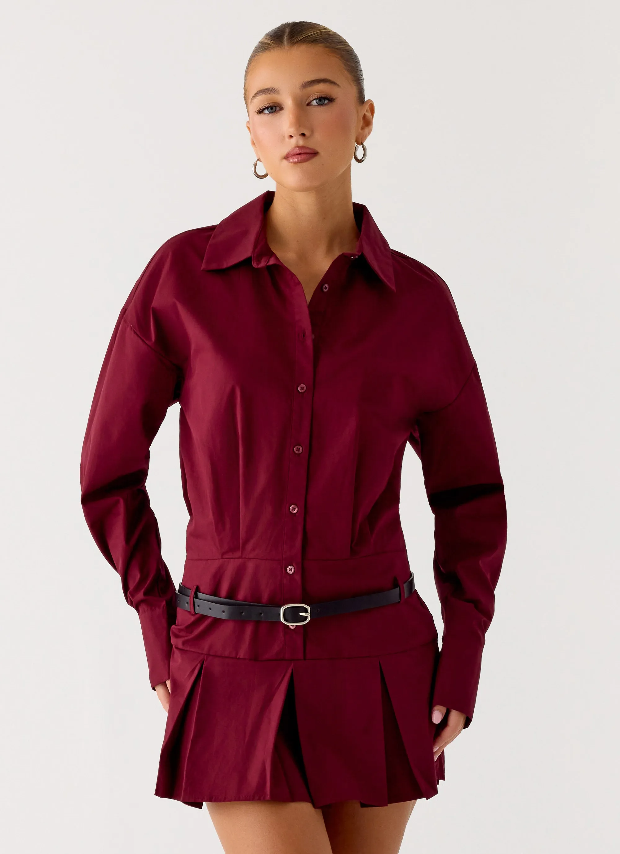Rio Pleated Shirt Mini Dress - Maroon sold by Peppermayo