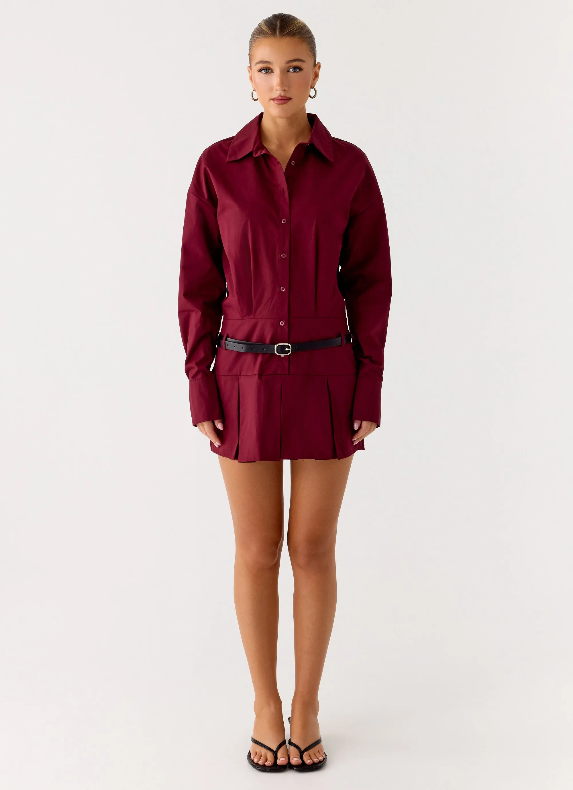 Rio Pleated Shirt Mini Dress - Maroon sold by Peppermayo product image thumbnail 4
