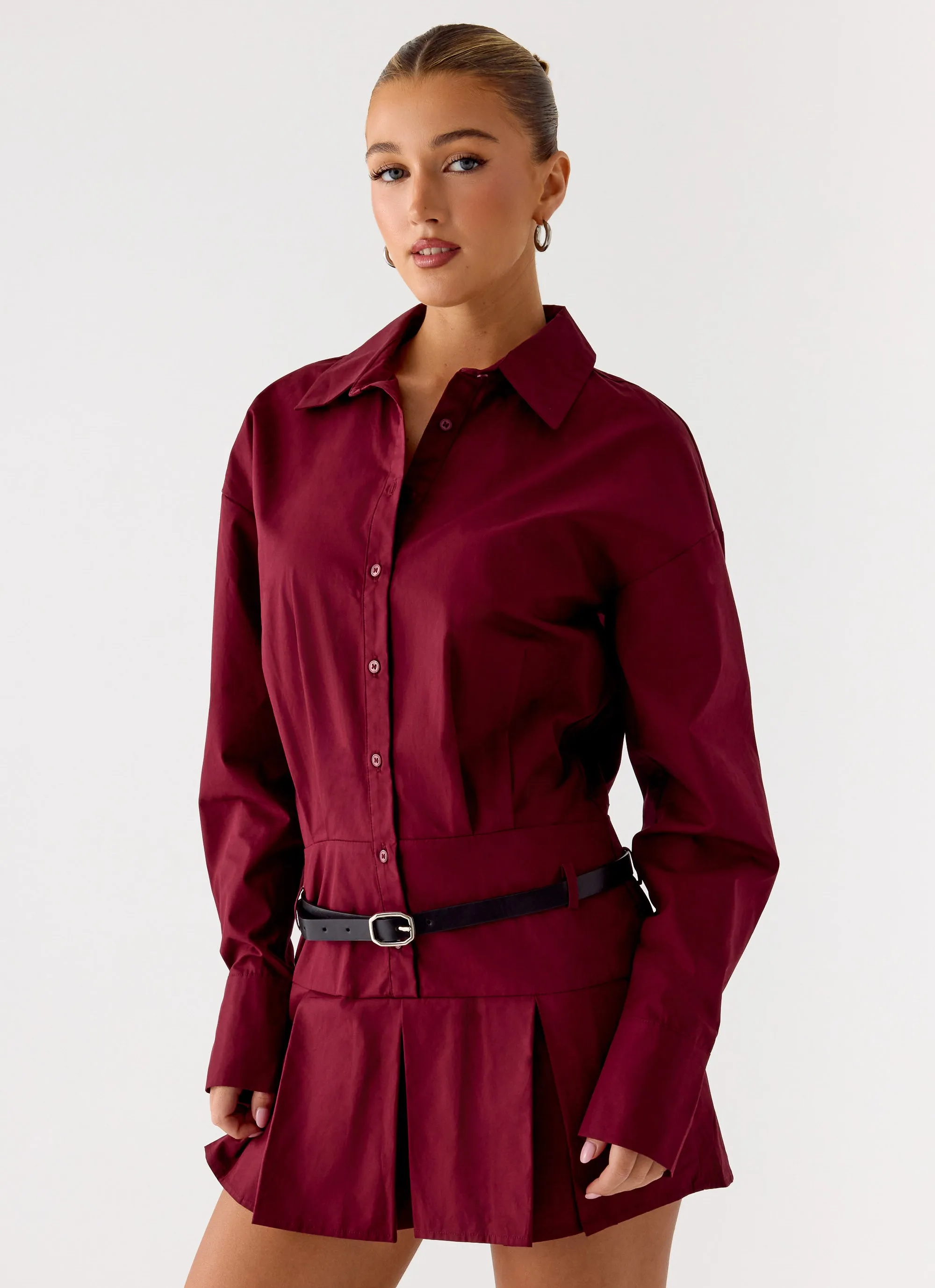 Rio Pleated Shirt Mini Dress - Maroon sold by Peppermayo product image thumbnail 5
