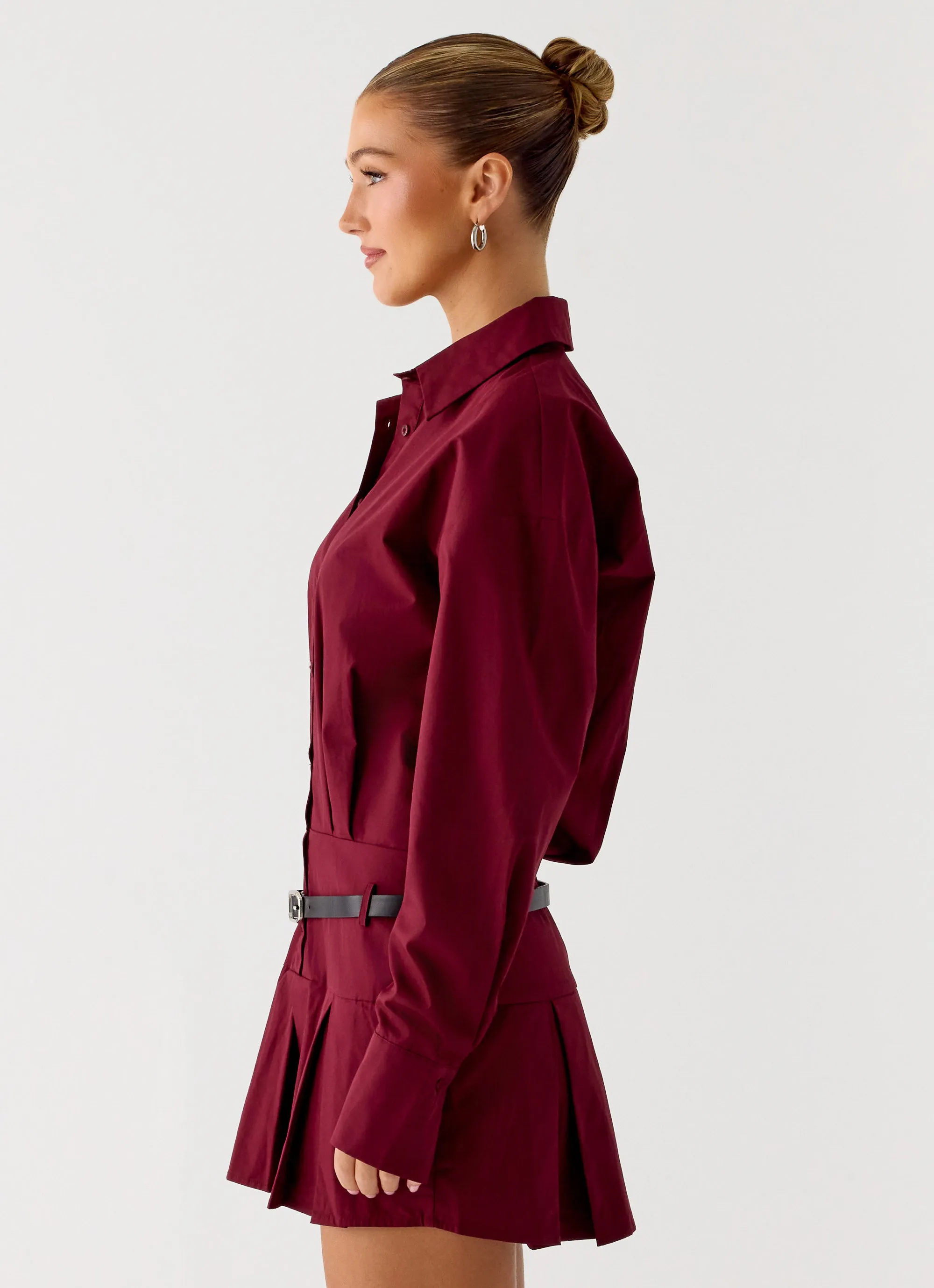 Rio Pleated Shirt Mini Dress - Maroon sold by Peppermayo product image thumbnail 2