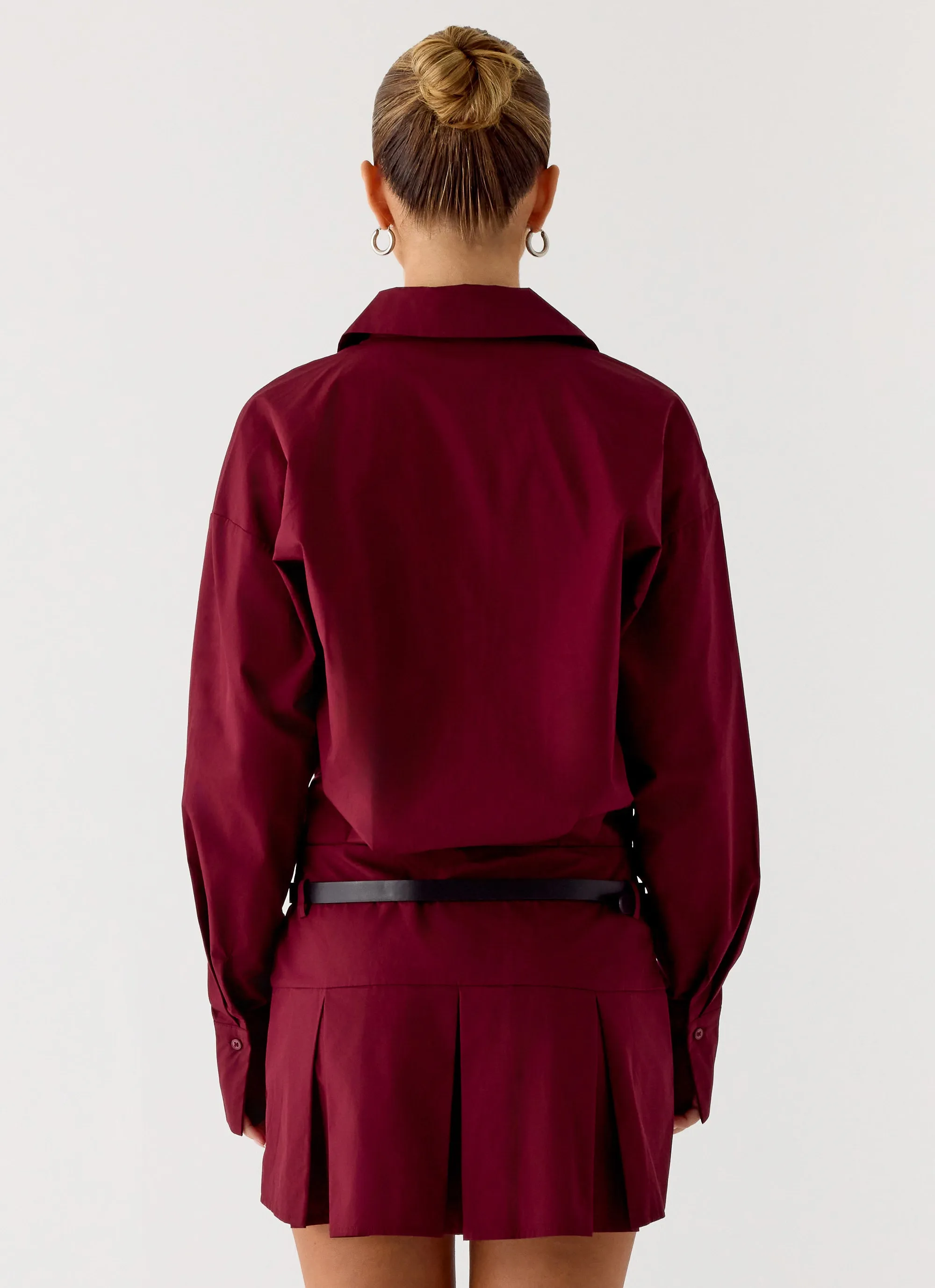 Rio Pleated Shirt Mini Dress - Maroon sold by Peppermayo product image thumbnail 3