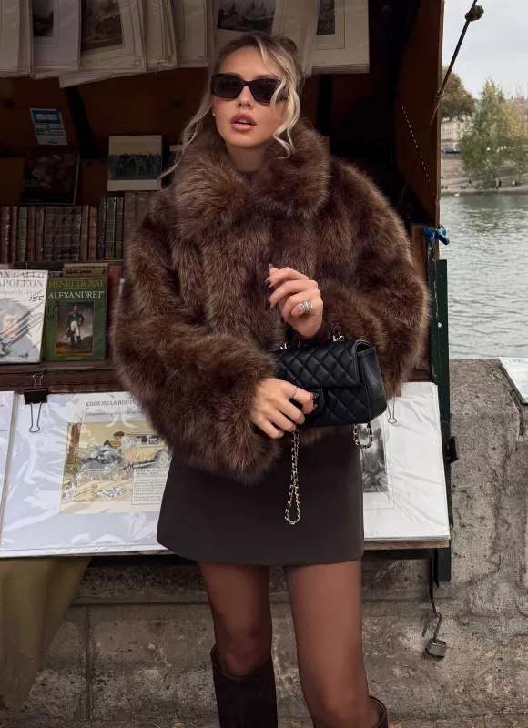 Miccy Cropped Faux Fur Coat - Chocolate made by Peppermayo